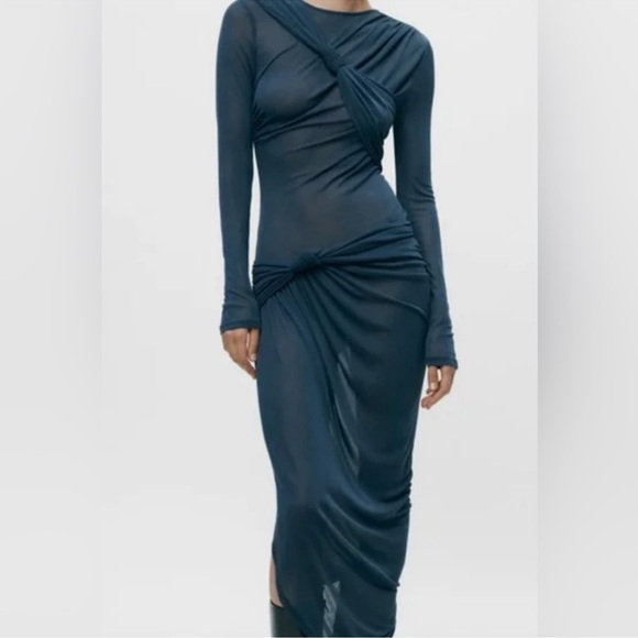 NWT Zara Knotted Asymmetric Metric Dress - Blue Gray Small - Picture 3 of 16
